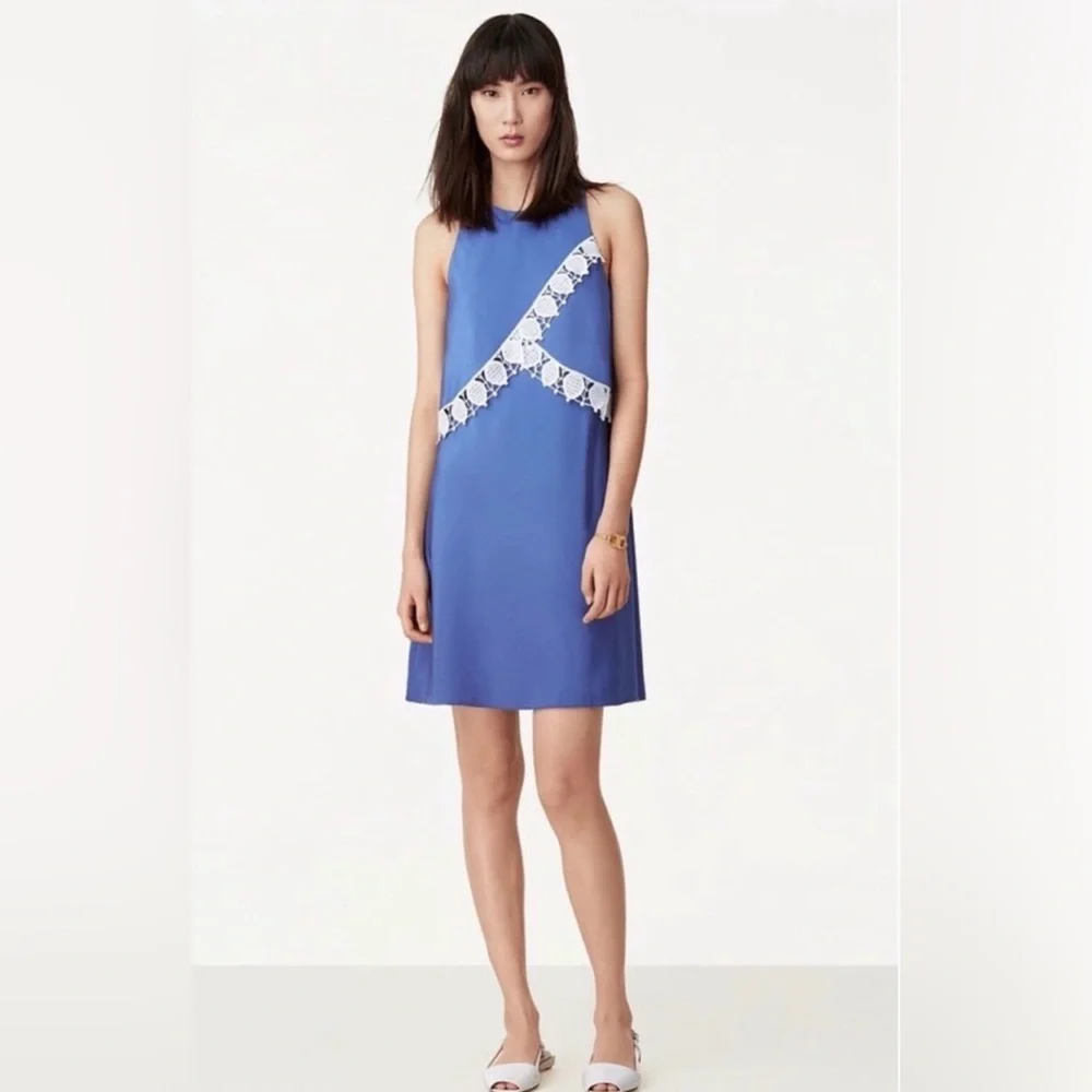 Tory Burch Amanda Lace Trim Silk A-Line Dress Hudson Blue Size 6 Sleeveless